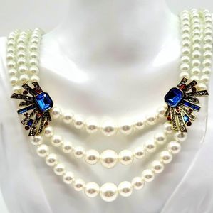 Heidi Daus Triple Strand Pearl Swag Necklace with Swarovski Crystal Stations